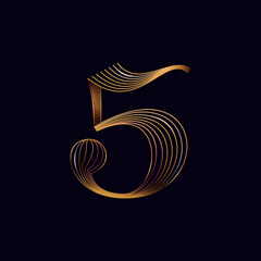 Fototapeta premium 5 logo. Number five golden sign. Shiny icon made of parallel lines on black background. Metallic gold, bronze, silver emblem for Super Sale.