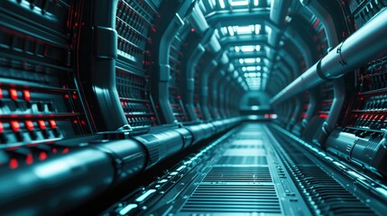 A glimpse into the interior of a server room. This image can be used to showcase technology infrastructure or highlight the importance of data management