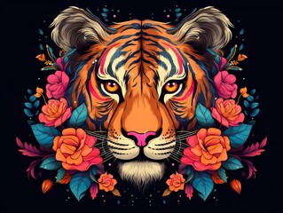 illustration of a colorful tiger with a flower crown on its head. generative ai