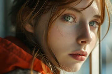 Intense young woman with striking green eyes and wavy hair gazing thoughtfully, evoking emotion and depth.