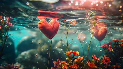 Valentine's Day gifts submerged in water, creating a surreal and magical underwater world filled with love