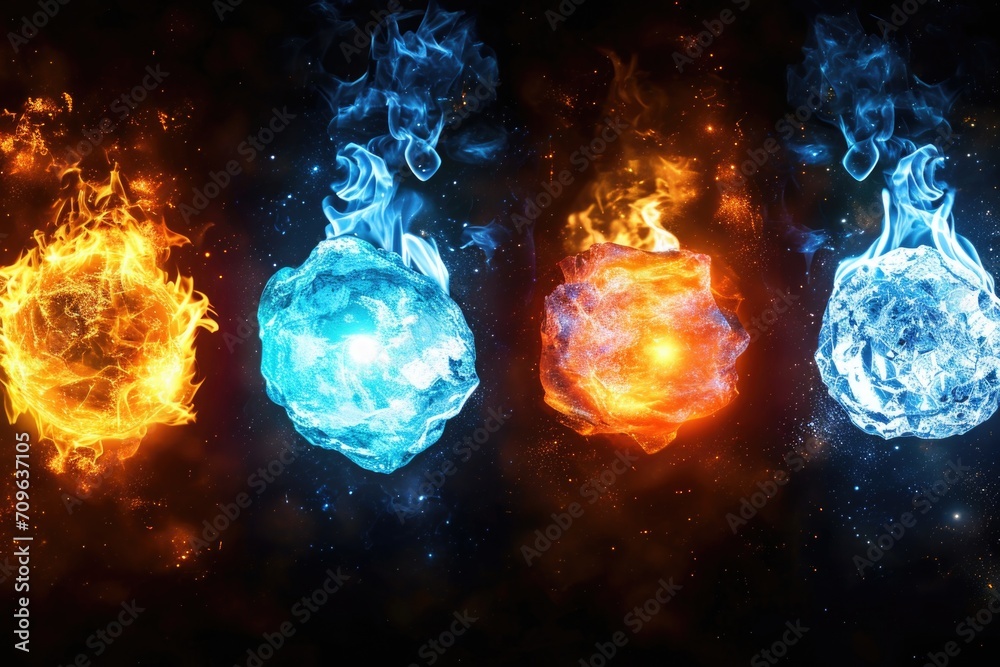 Poster A group of fire and ice balls on a black background. Perfect for adding a touch of contrast and mystery to any design project