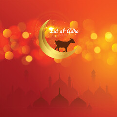 Eid al adha wishes, or greeting post eid al adha Islamic red or orange color bokeh effect background design with moon, or mosque, goat with social media eid al adha wishing banner, vector illustration