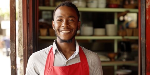 A man wearing a red apron smiles for the camera. This picture can be used to showcase a friendly and approachable staff member or as a representation of a happy and professional chef