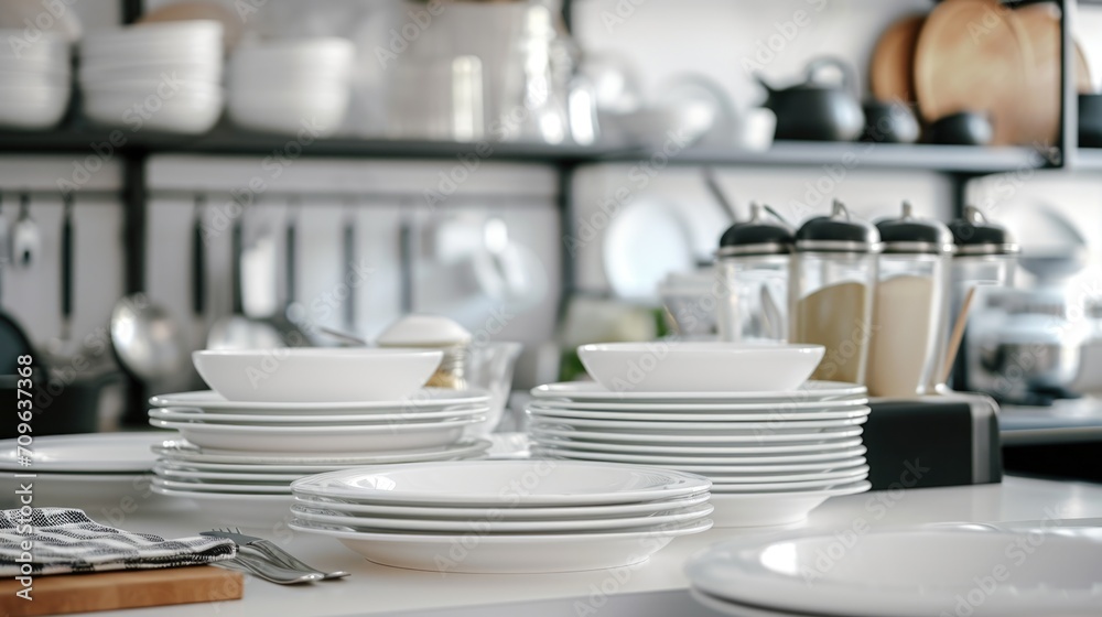Poster a collection of white plates and bowls neatly arranged on a counter. perfect for kitchen or dining r