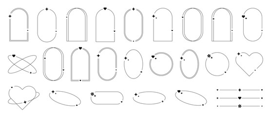 Aesthetic frames in the trendy y2k style with an aura and dividers. Set of round, oval and arched borders. Minimalistic isolated vector elements on white background.