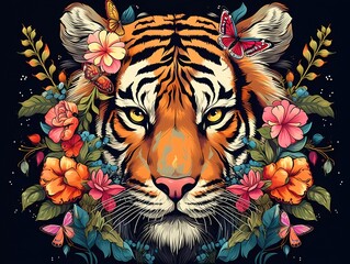 illustration of a colorful tiger with a flower crown on its head. generative ai