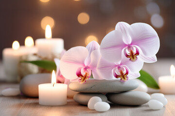 Fototapeta na wymiar Panoramic indulging still life for harmony and balance in spa, massage, yoga or feng shui with mineral pebbles, natural orchid flowers and candles