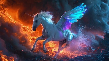 A cream stallion horse with wings, glowing blue eyes, slowly disintegrating in space after floating in space following a gigantic galatic battle leaving spaceship debris - obrazy, fototapety, plakaty