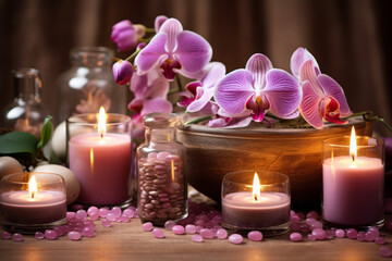 Obraz na płótnie Canvas Panoramic indulging still life for harmony and balance in spa, massage, yoga or feng shui with mineral pebbles, natural orchid flowers and candles