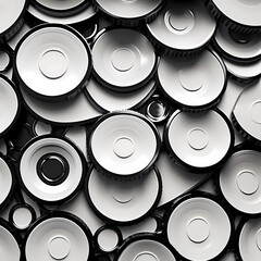 3d cinematic circular wallpaper, reels of film tape, stack of black and white circles