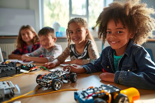 Diverse school children students build robotic cars using computers and coding. Happy kids learning programming robot vehicles sitting at table at STEM education science engineering, Generative AI