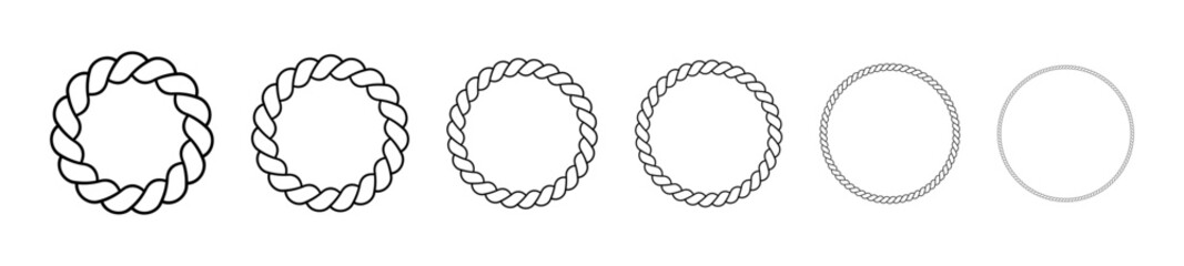 Round frames made of rope. Circle borders made of braided cord. Vector set of thin and thick elements isolated on a white background.