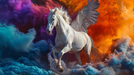 A cream stallion horse with wings, glowing blue eyes, slowly disintegrating in space after floating in space following a gigantic galatic battle leaving spaceship debris
