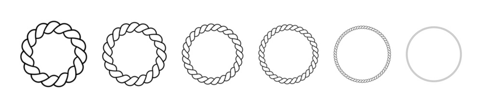 Round frames made of rope. Circle borders made of braided cord. Vector set of thin and thick elements isolated on a white background.
