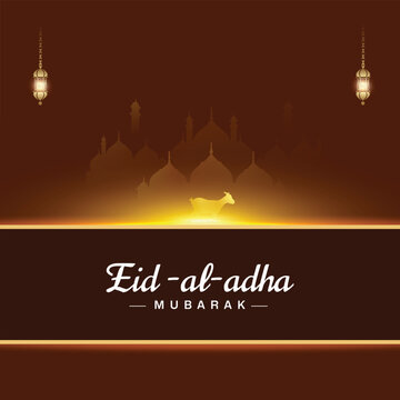 Eid al adha wishes, or greeting post eid al adha Islamic golden shine background design with goat or mosque, with social media eid al adha sale, banner, vector illustration