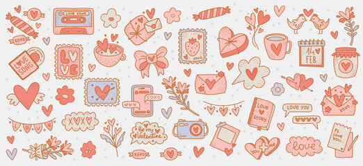 Valentine's Day Cliparts Set: Vector Collection of Love Themed Stickers. Isolated Romantic elements with Hearts, Messages, and Gift Box for Journal Stickers, Scrapbooking, and Greeting Cards