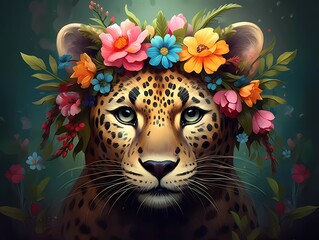 illustration of a colorful leopard with a flower crown on its head. generative ai