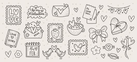 Valentine's Day Outline Elements Set: Vector Collection of Love Themed Doodles. Isolated Romantic clipart with Hearts, Gift, and Postage Stamp for Coloring Book, Scrapbooking, and Greeting Cards