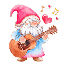 Gnome with valentines day costume is playing acoustic guitar . Watercolor painting design . PNG .