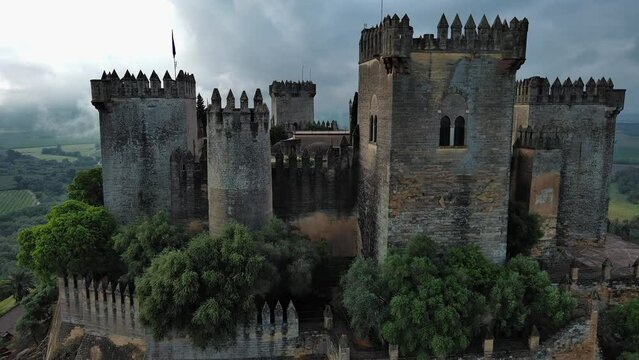 Foreground of Almodovar del Rio Castle, vertical drone shot 4k