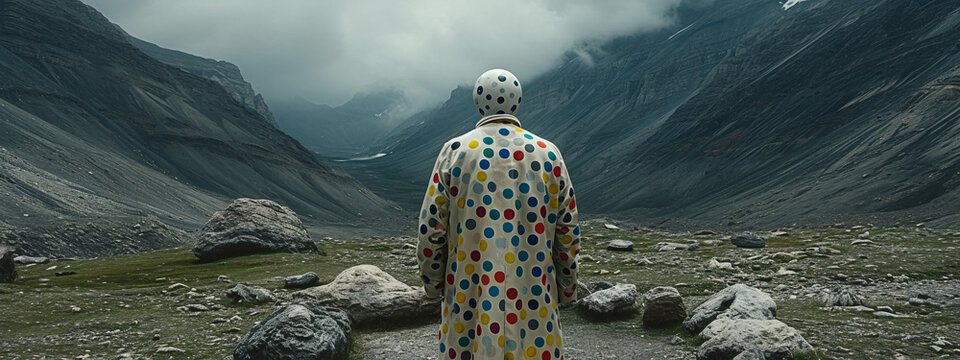 The Daring Polka Dot Wanderer, A Man Embracing Adventure in a Majestic Mountain Valley