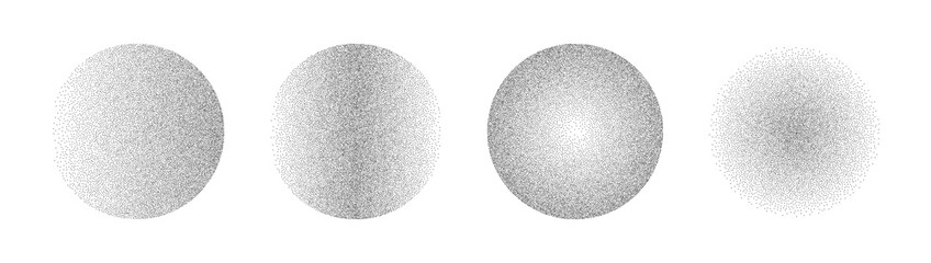 Gradient noise circles made of grains and dots. Halftone round pattern elements with gradation from dark to light. Vector isolated illustration on white background. - obrazy, fototapety, plakaty