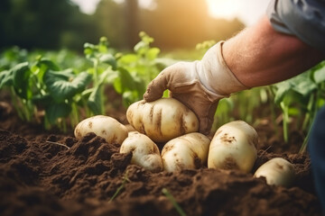 Hands harvesting fresh organic potatoes from garden