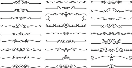 Set of Dividers icons. Divider ornament, corner borders. Hand drawn vectors on transparent background. Outline signs borders elements kit. Page Decoration linear icons papers break, books decoration. - obrazy, fototapety, plakaty