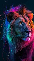 portrait of a vibrant neon lion 