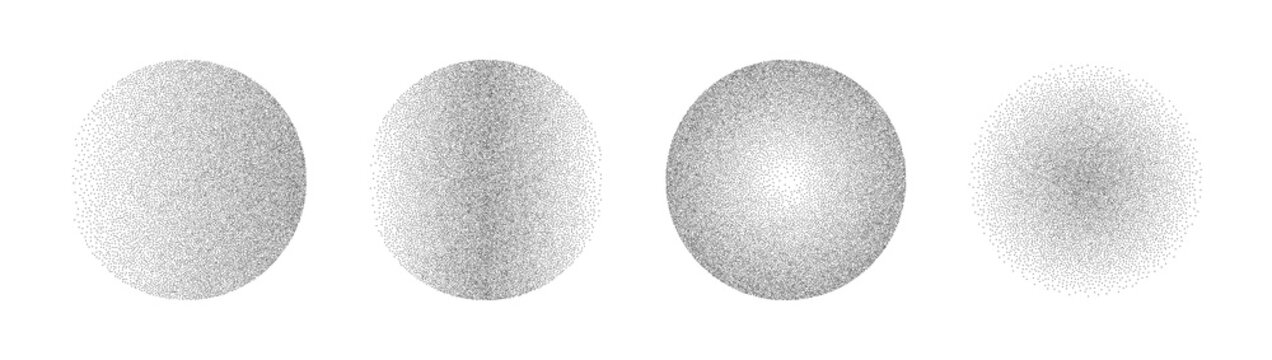 Gradient noise circles made of grains and dots. Halftone round pattern elements with gradation from dark to light. Vector isolated illustration on white background.