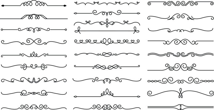 Set of Dividers icons. Divider ornament, corner borders. Hand drawn vectors on transparent background. Outline signs borders elements kit. Page Decoration linear icons papers break, books decoration.