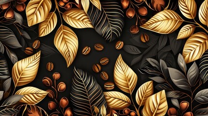Coffee forest. Graphic pattern in vector form. Golden leaves, abstract branch. Hand drawn tropical foliage on a black background - obrazy, fototapety, plakaty