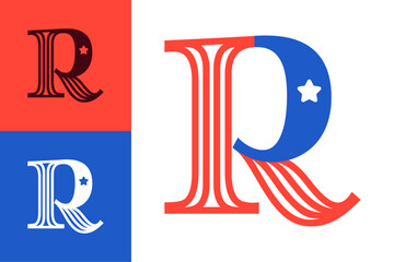 R letter logo made of American flag. Serif font with Star and Stripes. Classic icon for US history and 4th of July celebration. Perfect for sport team uniform and apparel, Independence Day invitations
