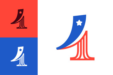 4 logo. Number four made of American flag. Serif font with Star and Stripes. Classic icon for US history and 4th of July celebration. Perfect for sport team uniform, Independence Day invitations.