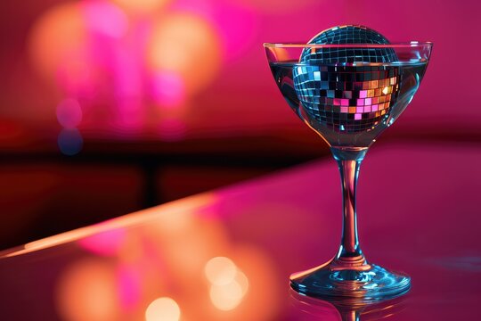 Party cocktail with disco ball on bright neon background. Disco party, retro fashion. Contemporary style festive backdrop for card, banner, flyer, menu