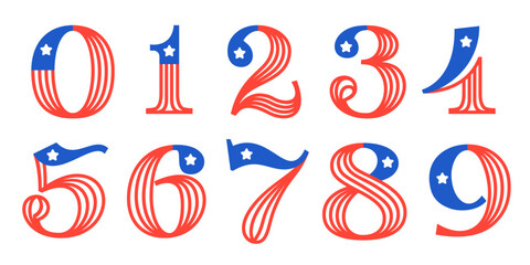 0 to 9 logos. Number set made of American flag. Serif font with Star and Stripes. Classic icon for US history and 4th of July celebration. Perfect for sport team uniform, Independence Day invitations.