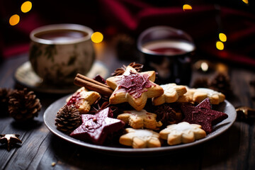Cookies in the shape of stars, spices and mulled wine on a plate