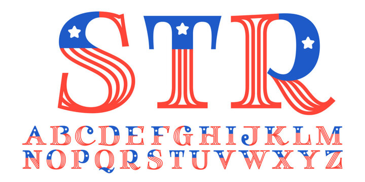 Full alphabet made of American flag. Serif font with Star and Stripes. Classic icon for US history and 4th of July celebration. Perfect for sport team uniform and apparel, Independence Day invitations
