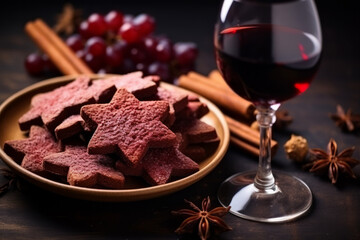 Cookies in the shape of stars, spices and mulled wine on a plate