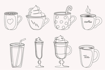 Set of cups and drinks, different types of cups and glasses, hand drawn,  vector design