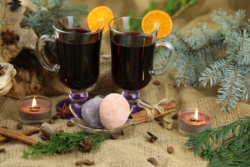Glasses with mulled wine and spices