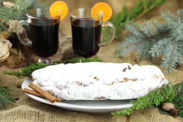 Glasses with mulled wine and spices