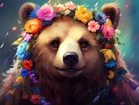 illustration of a colorful bear with a flower crown on its head. generative ai