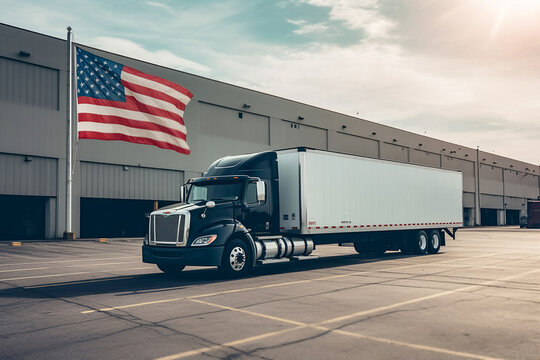 An American van awaits unloading in front of a logistics center. American flag in the background