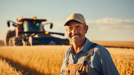 Happy farmer stands in a wheat log against the background of a combine harvester. A combine driver is about to harvest a rich wheat harvest. An agronomist in a shirt looks at the camera on farmland. - obrazy, fototapety, plakaty
