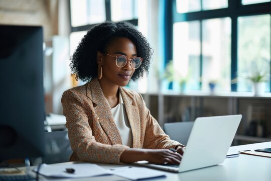 Professional business woman employee working on computer in office. Young busy African American female company finance manager executive using laptop managing financial project, Generative AI