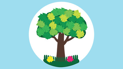 vector illustration of a big tree with green leaves on a blue background