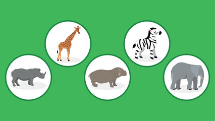 Set of different animals on a green background. Flat design. Vector illustration