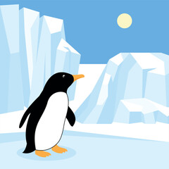 Penguin on the background of icebergs. Vector illustration.